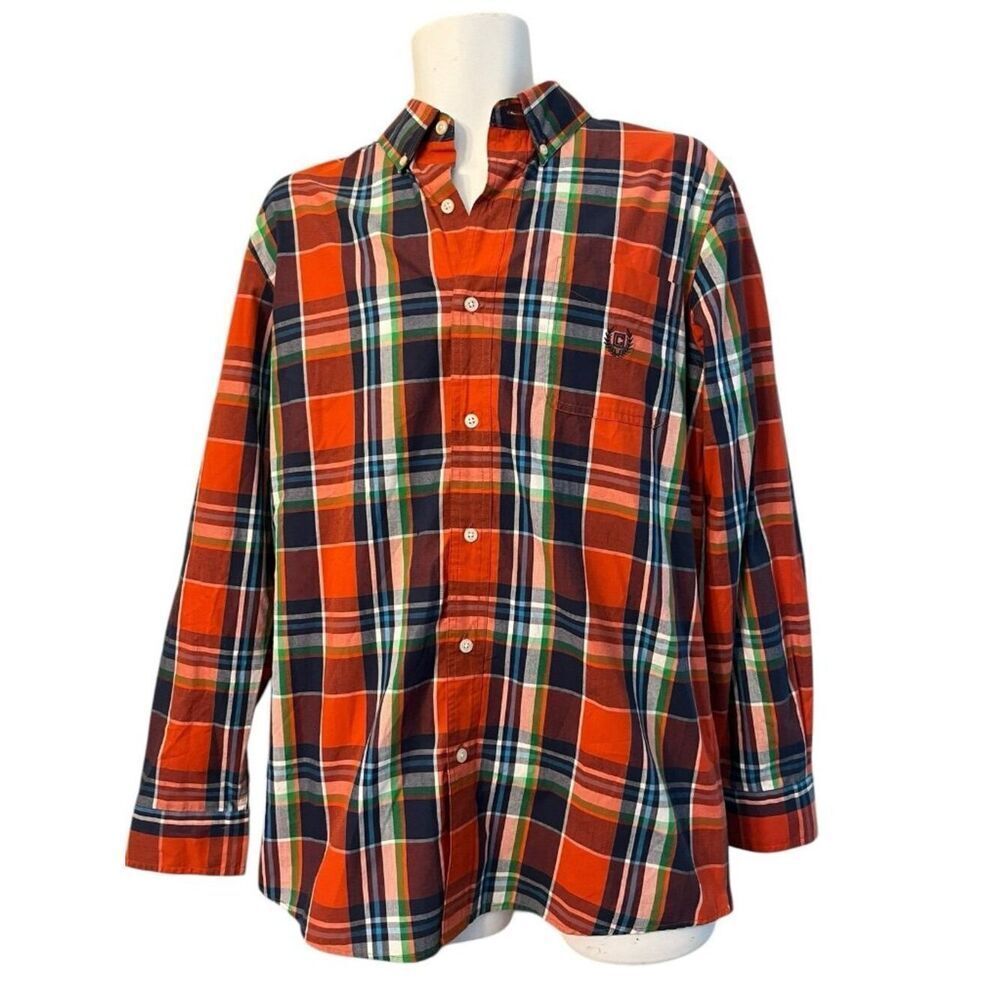 Chaps Mens Medium Orange Blue Plaid Button Down Oxford Long Sleeve Shirt NWT
